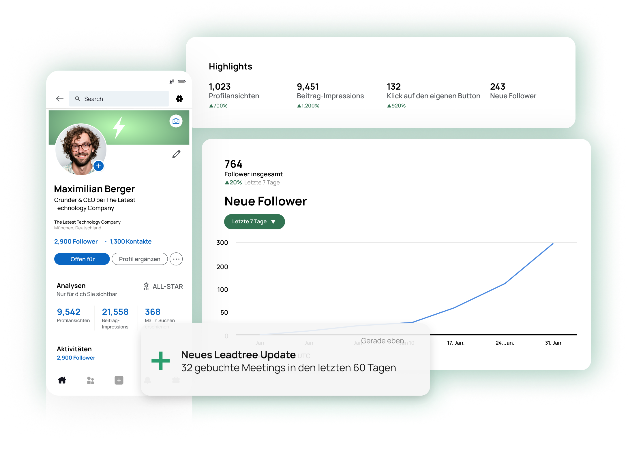 Benutzerprofil und Analyse-Dashboard mit Informationen über Follower, Engagement und Wachstumskennzahlen.